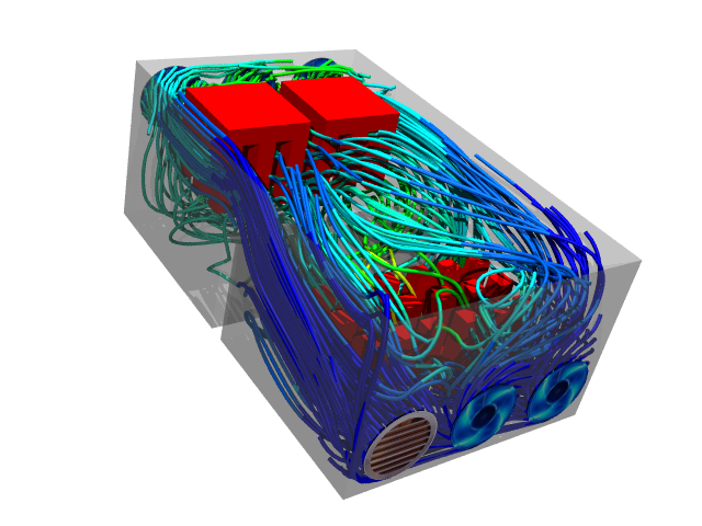 Forced Convection Caedium CFD Simulation: Shows streamlines colored by temperature